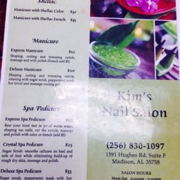 Kim's Nail Salon's price list (page 1 of 2) as of 20150730. Kim's Nail Salon's price list (page 1 of 2) as of 20150730.