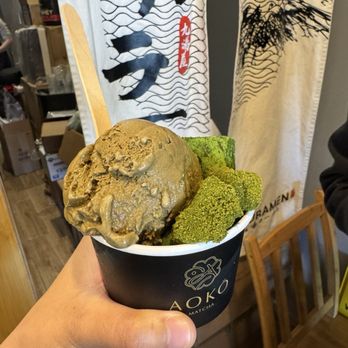 Aoko Matcha - Double Scoop Hojicha and Matcha Level 4 Ice Cream with Warabimochi and Nama Chocolate Toppings - Gelato Near Me - Cherry Hill Township, New Jersey Aoko Matcha - Double Scoop Hojicha and Matcha Level 4 Ice Cream with Warabimochi and Nama Chocolate Toppings - Gelato Near Me - Cherry Hill Township, New Jersey