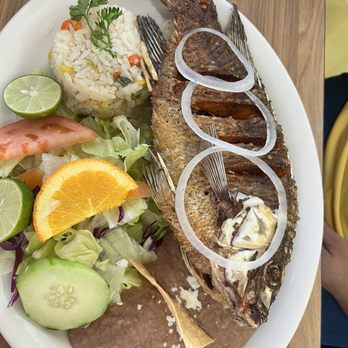 Mariscos El Hermano - Mojarra frita subbed the fries for beans - Seafood Near Me - Huntington Park, California
