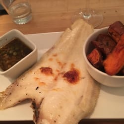 Sea Food Cafe - Cornish megrim sole with sweet potato wedges and garlic & caper brown butter