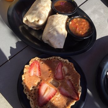 Rooster Café - Breakfast Burrito with a side of strawberry pancake - Breakfast & Brunch Near Me - Costa Mesa, California Rooster Café - Breakfast Burrito with a side of strawberry pancake - Breakfast & Brunch Near Me - Costa Mesa, California