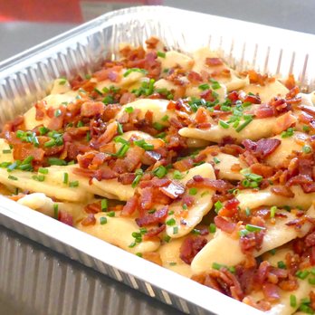 Pinched - 50 Piece Dinner tray of All Dressed Pierogi stuffed with potato and aged cheddar cheese. - Slovakian Near Me - Belleville, Ontario