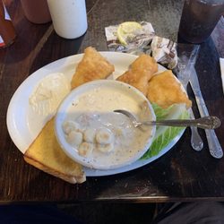 Captain's Choice Family Fish House - Tempura Halibut and bowl of chowder. (I already ate a piece of fish)