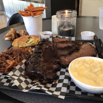 J's BBQ - Sample platter: Pulled pork, wings, ribs, brisket, mac & cheese, sweet potato fries, and cornbread. Go big or go home. SO good. - Barbeque Near Me - Ripon, Wisconsin