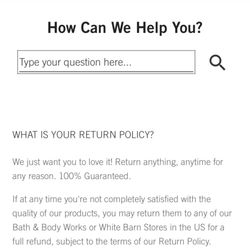 Bath abs body works website stating their return policy