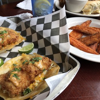 Blue Heron Brewpub - Fish tacos and sweet potato fries. Very good food! - American Near Me - Marshfield, Wisconsin