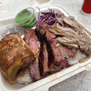 L.A. Brisket - Honolulu Bowl (L to R) - Smoked Chicken Thigh, Beef Brisket, and Pulled Pork with Garlic Rice, Slaw, and Salsa Verde - Smokehouse Near Me - Honolulu, Hawaii