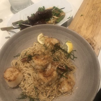 Oak & Coal - Garlic noodles and a partially devoured snake river wagyu beef kushiyaki - Japanese Near Me - Costa Mesa, California