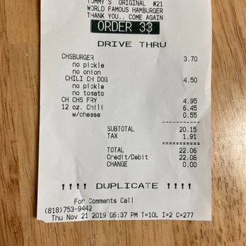 Original Tommy's - Clearly the receipt it shows no tomatoes and no onions. But that's not what I got. - Burgers Near Me - Los Angeles, California Original Tommy's - Clearly the receipt it shows no tomatoes and no onions. But that's not what I got. - Burgers Near Me - Los Angeles, California