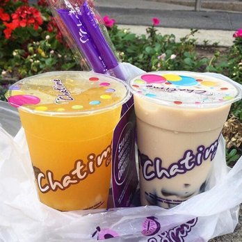 Chatime - Dundas - Mango green tea with coconut jelly on left, roasted milk team with grass jelly on right. - Coffee & Tea Near Me - Toronto, Ontario