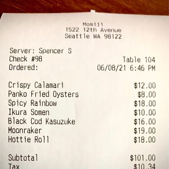Momiji - Receipt - Japanese Near Me - Seattle, Washington