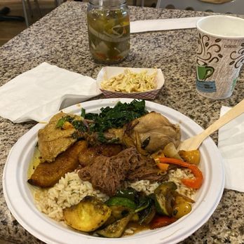 D' Road Cafe - Lunch bar...brisket, pork loin, chicken, rice, mixed veggies, spinach and plantains. - Latin American Near Me - Montgomery, Alabama
