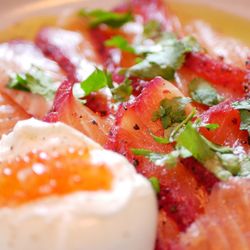 Mr. Jones Supper Club - cured smoked salmon with burrata and ikura