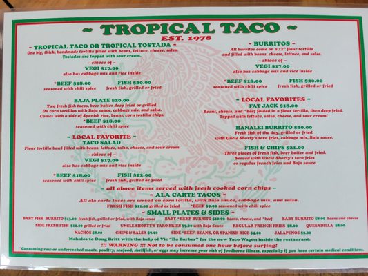 Photo of Tropical Taco - Hanalei, HI, US. a menu for a mexican restaurant