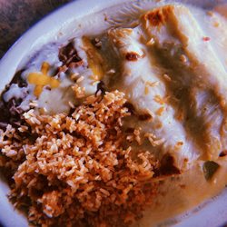 Los Amigos  - Chicken enchiladas with queso. Rice and beans.