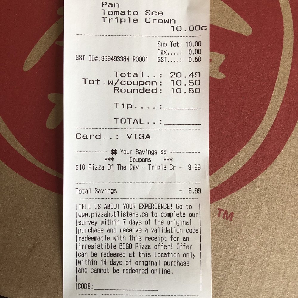 Pizza Hut - a receipt for a pizza order - Pizza Near Me - Prince Rupert, British Columbia Pizza Hut - a receipt for a pizza order - Pizza Near Me - Prince Rupert, British Columbia