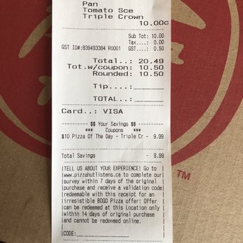 Pizza Hut - a receipt for a pizza order - Pizza Near Me - Prince Rupert, British Columbia Pizza Hut - a receipt for a pizza order - Pizza Near Me - Prince Rupert, British Columbia