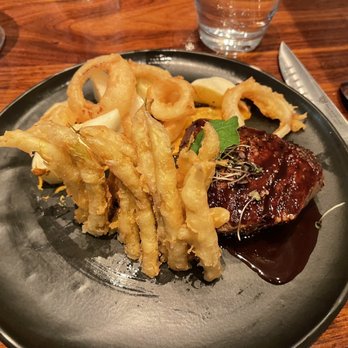 White and Wood - Filet mignon with onion rings and tempura wax beans - Wine Bars Near Me - Greensboro, North Carolina