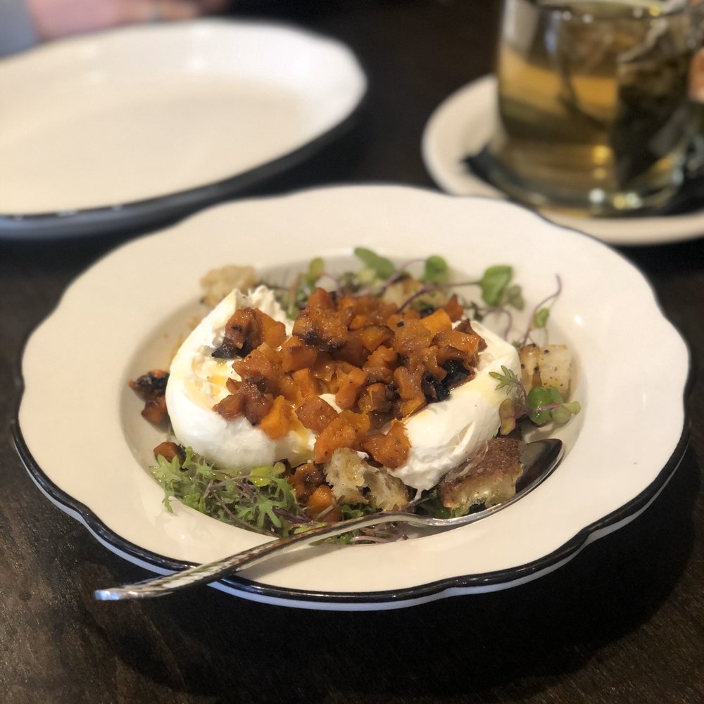 The Whitlock - Burrata with smoked butternut squash, brown butter, pea shoots and croutons. - Bars Near Me - Katonah, New York The Whitlock - Burrata with smoked butternut squash, brown butter, pea shoots and croutons. - Bars Near Me - Katonah, New York