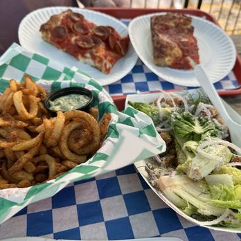 Pizza Marvin - Top Left - Pepperoni Slice Bottom Left - Weenie Fries Top Right - Plain Slice Bottom Right - Caesar Salad - Pizza Near Me - Providence, Rhode Island