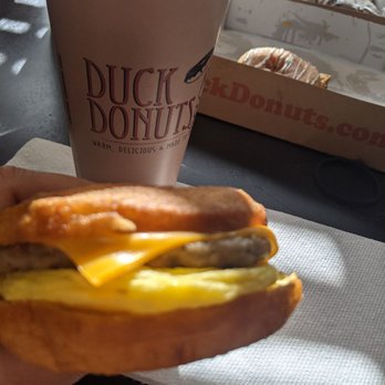 Duck Donuts - Sausage egg and cheese on a donut - Donuts Near Me - Chesapeake, Virginia Duck Donuts - Sausage egg and cheese on a donut - Donuts Near Me - Chesapeake, Virginia