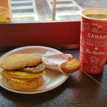 Tim Hortons - Sausage muffin, hash brown and coffee - Coffee & Tea Near Me - Trois-rivieres, Quebec Tim Hortons - Sausage muffin, hash brown and coffee - Coffee & Tea Near Me - Trois-rivieres, Quebec