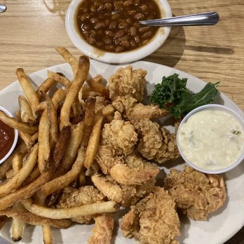 Barbecue Inn - French fried shrimp (7) with baked beans and fries $22 - Barbeque Near Me - Houston, Texas