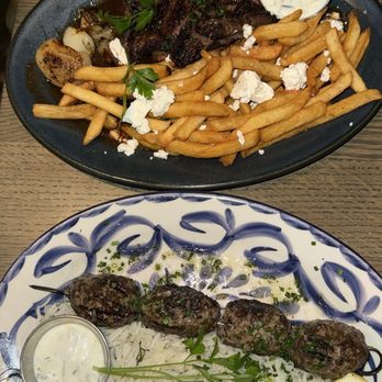 ABA - Lamb & Beef Kefta* (bottom) and Shawarma-Spiced Skirt Steak Frites* - Mediterranean Near Me - Nashville, Tennessee