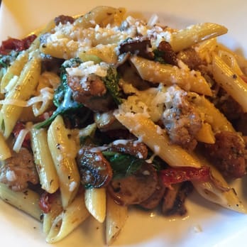 La Pizzeria - Penne Salsiccia (Italian sausage, spinach, sun dried tomato, mushroom in a white wine sauce and truffle oil), excellent!! - Pizza Near Me - Campbell, California La Pizzeria - Penne Salsiccia (Italian sausage, spinach, sun dried tomato, mushroom in a white wine sauce and truffle oil), excellent!! - Pizza Near Me - Campbell, California