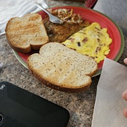 Beyond The Daily Grind Cafe - Bacon Omlet, hash browns, wheat toast