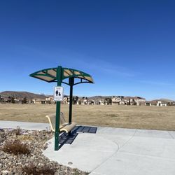Cyan Park - Bench with grassy area in the background.