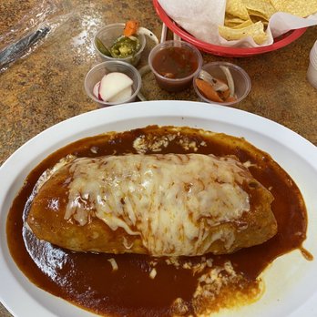 Tepa Taqueria - Super wet steak burrito with red sauce with chips and salsa. - Mexican Near Me - Stockton, California