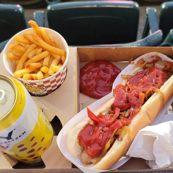 Coors Field - Brautworst with grilled peppers and onions, fries, and Izzy seltzer - Stadiums & Arenas Near Me - Denver, Colorado