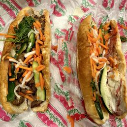 Cold cut banh mi (right) and grilled pork banh mi (left)