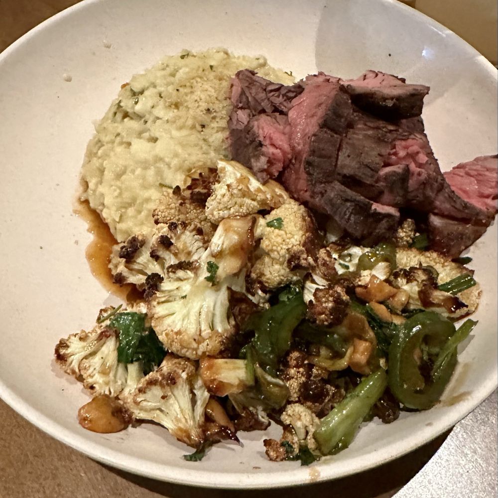 Flower Child - Steak with cauliflower "risotto" and Kung Pao cauliflower - Salad Near Me - Henderson, Nevada Flower Child - Steak with cauliflower "risotto" and Kung Pao cauliflower - Salad Near Me - Henderson, Nevada