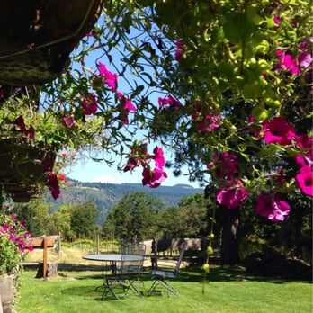 Cathedral Ridge Winery - Beautiful petunias hanging baskets frame the view of the mountain at Cathedral Ridge Winery - Wine Tours Near Me - Hood River, Oregon Cathedral Ridge Winery - Beautiful petunias hanging baskets frame the view of the mountain at Cathedral Ridge Winery - Wine Tours Near Me - Hood River, Oregon