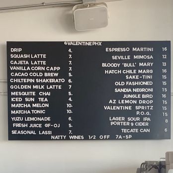 Valentine - Wall menu - Cocktail Bars Near Me - Phoenix, Arizona Valentine - Wall menu - Cocktail Bars Near Me - Phoenix, Arizona