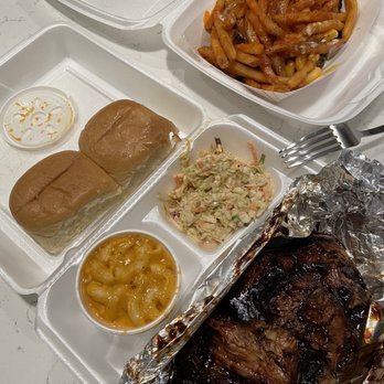 Big Hoffas - Meat on a plate with brisket and Mac and cheese and habanero slaw and Hoffanator fries - Barbeque Near Me - Westfield, Indiana