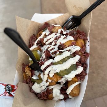 Something Good LA - Pastrami loaded tots (mustard rye aioli, pastrami, and cheese) - Food Tours Near Me Something Good LA - Pastrami loaded tots (mustard rye aioli, pastrami, and cheese) - Food Tours Near Me