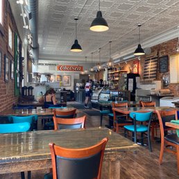 Dining area and service counter, with the ever-present bicyclist.