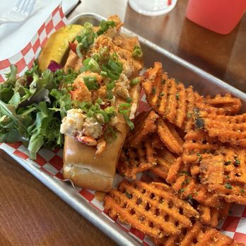 Lobster Guys - Clobster roll , sweet potato, fries, strawberry lemonade, water, and a fresh side salad - Seafood Near Me - Long Beach, California
