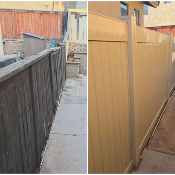 Maverick Fence - Before and after.  Replaced my crumbling wooden fence with a nicr new vinyl fence. - Fences & Gates Near Me