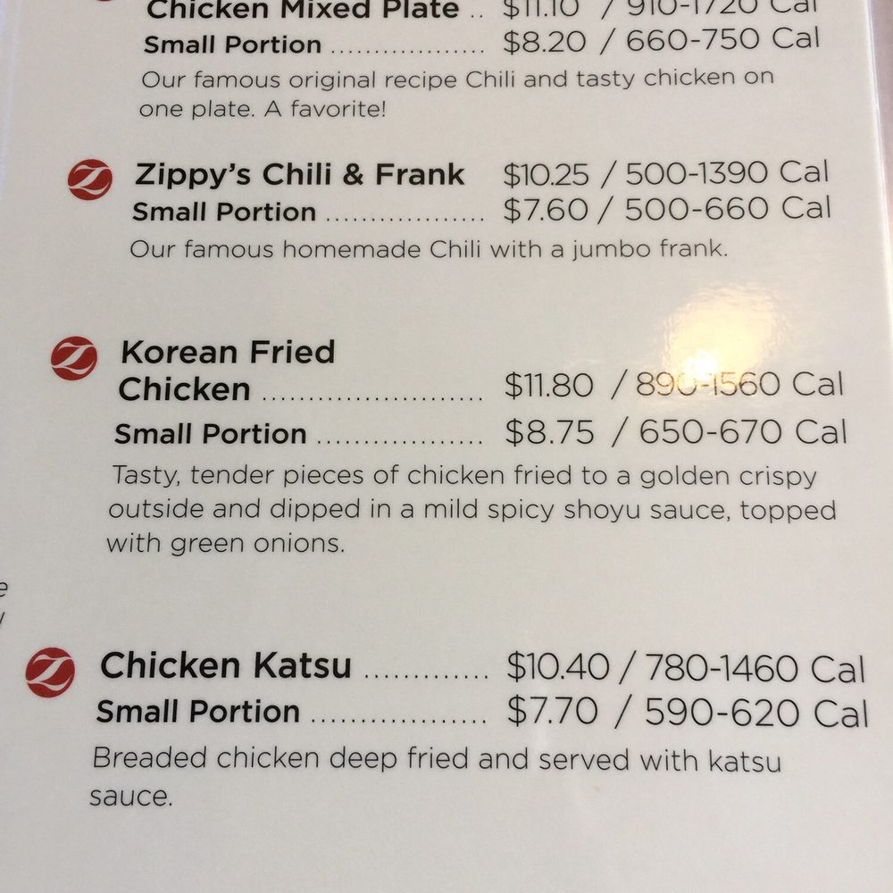 Zippy's Nimitz - Menu page with calories - Diners Near Me - Honolulu, Hawaii Zippy's Nimitz - Menu page with calories - Diners Near Me - Honolulu, Hawaii