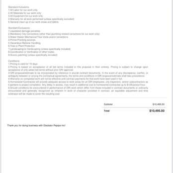 SAS Plumbing - $9,100 without the water heater replacement. Estimate is from Gladiator Rooter and Plumbing (4.5 stars on Yelp) - Plumbing Near Me SAS Plumbing - $9,100 without the water heater replacement. Estimate is from Gladiator Rooter and Plumbing (4.5 stars on Yelp) - Plumbing Near Me