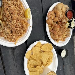 Combo platter, fried clams platter, street corn dip Combo platter, fried clams platter, street corn dip