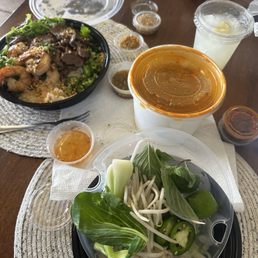 Rice, mixed greens, beef + shrimp bowl, chicken red curry noodles Rice, mixed greens, beef + shrimp bowl, chicken red curry noodles