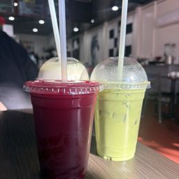 Matcha latte, Orange/Beet Juice, and Strawberry Matcha