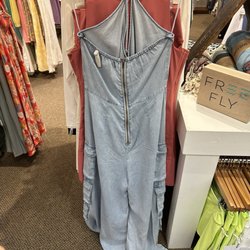 Atlantic Beach Surf Shop - Light wash jean jumpsuit with cute pockets  back view!