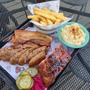 Buck Tui BBQ - Triple plate ( Isaan sausage,  Ribs, sliced pork belly ) with mac n'cheese and fries - Barbeque Near Me - Overland Park, Kansas