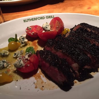 Rutherford Grill - Ribeye Steak with coffee rub accompanied by tomatoes with blue cheese. - American Near Me - Rutherford, California Rutherford Grill - Ribeye Steak with coffee rub accompanied by tomatoes with blue cheese. - American Near Me - Rutherford, California